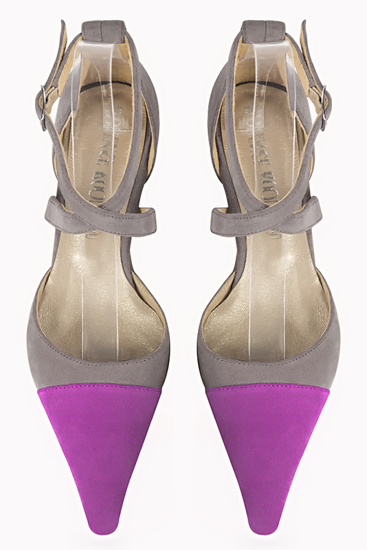 Mauve purple and pebble grey women's dress pumps. Pointed toe. Low flare heels. Top view - Florence KOOIJMAN